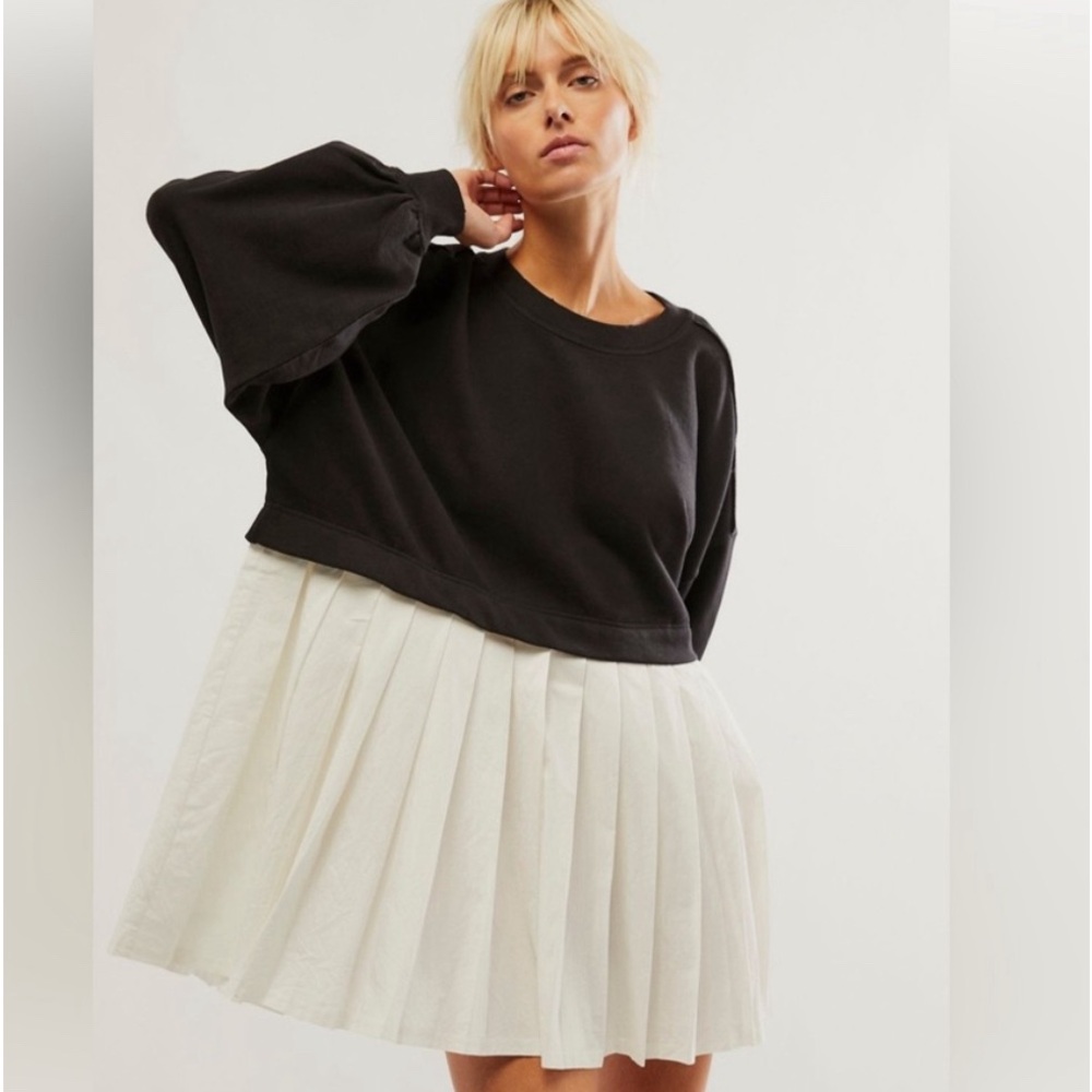 Free People Eleanor Striped Sweatshirt Mini Dress  OVERSIZED Black Combo